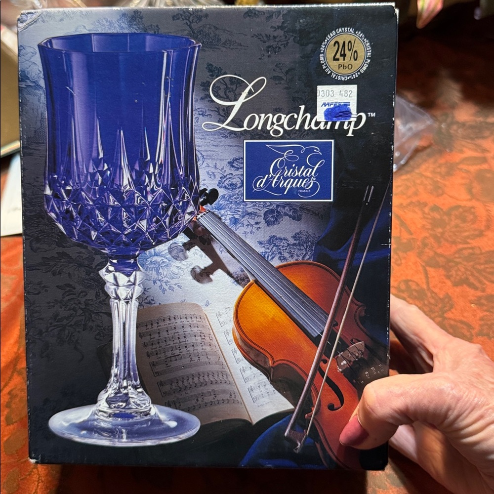 Longchamp 24% Lead Crystal 25th Anniversary Blue Crystal Wine Glass Set - Picture 5 of 11